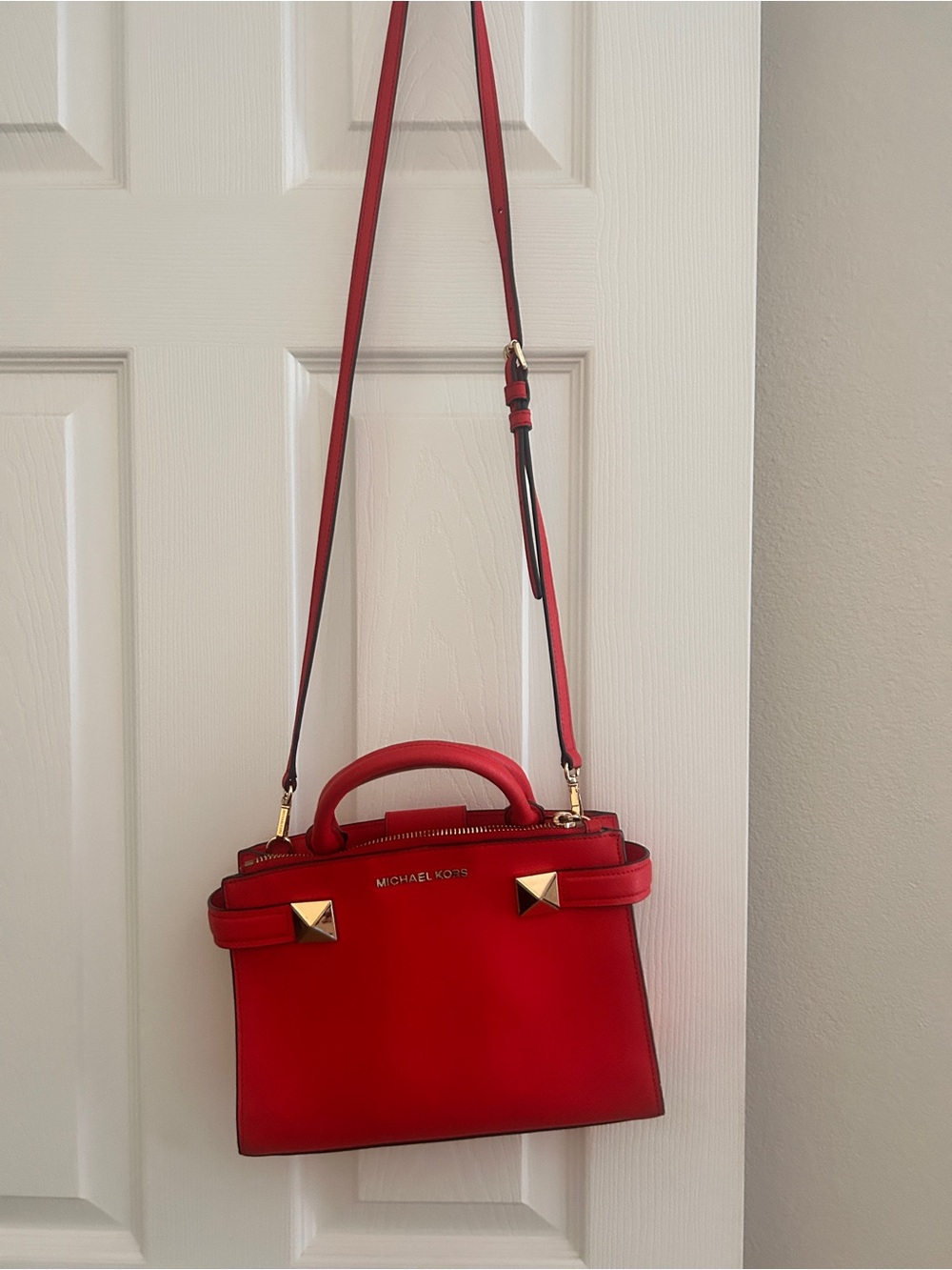 Michael Kors Red Leather Crossbody Satchel with Gold Hardware
